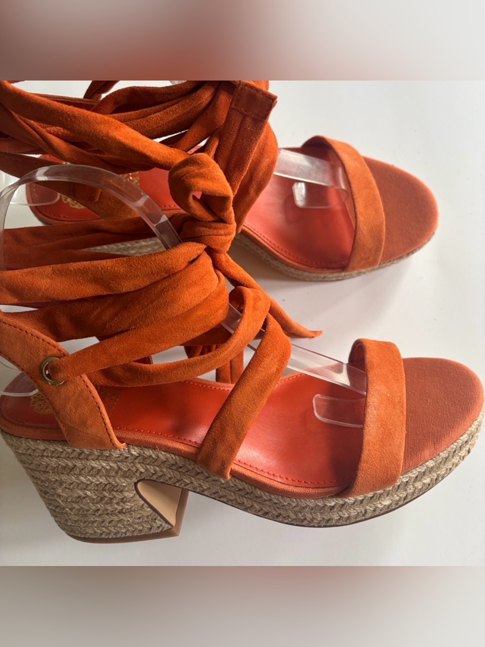 Vince Camuto Burnt Orange Suede Wrap-Ankle Block Heel Sandals